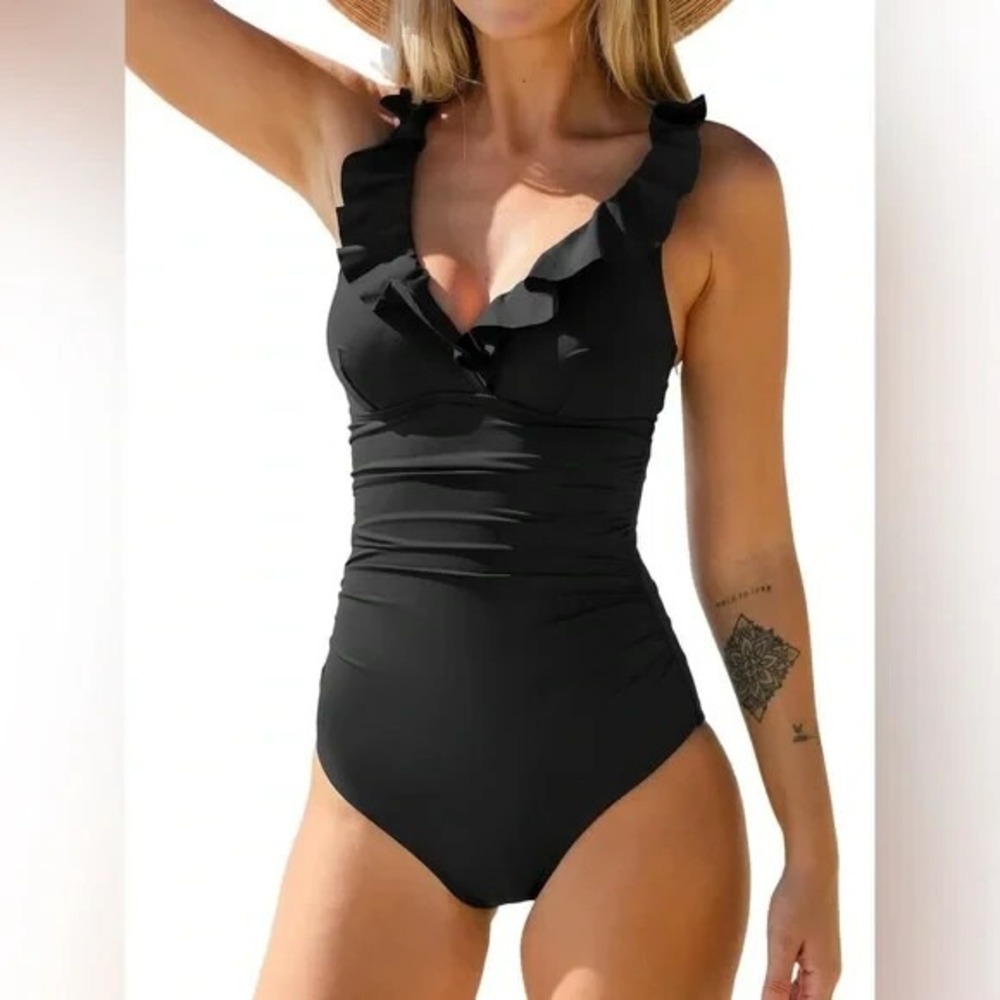 CUPSHE Black Ruffle One-Piece Swimsuit XL Deep V Tummy‎ Control NWT